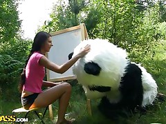 Mr. Panda is outside in the centre of nature and the thin brunette honey that's with him wishes to prove him what an artist this babe is. Well, this babe may not be good at painting but this babe surely knows how to make him cheerful by sucking his big panda cock. Stay with 'em and have a fun the wilderness of the forest and much more